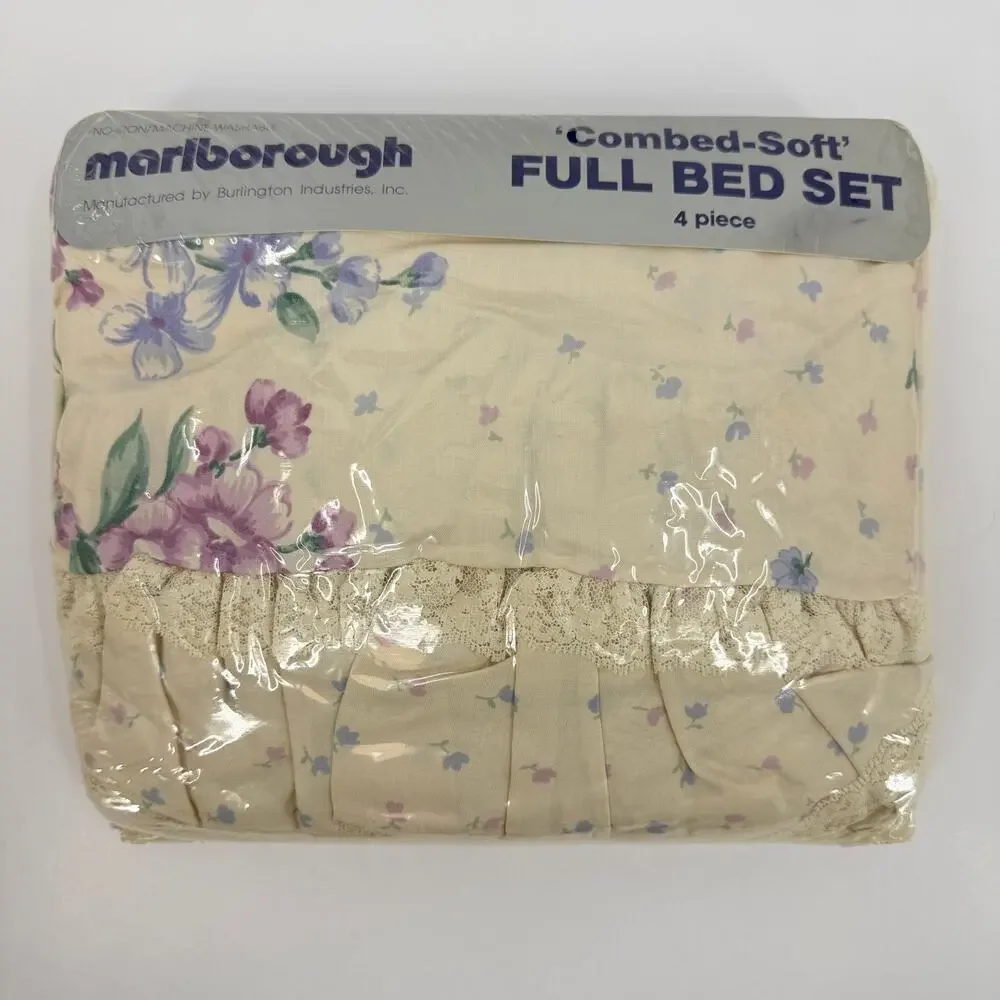 Vintage Marlborough Floral Full Sheet Set Lace Ruffle Combed-Soft 4 Pc NOS USA